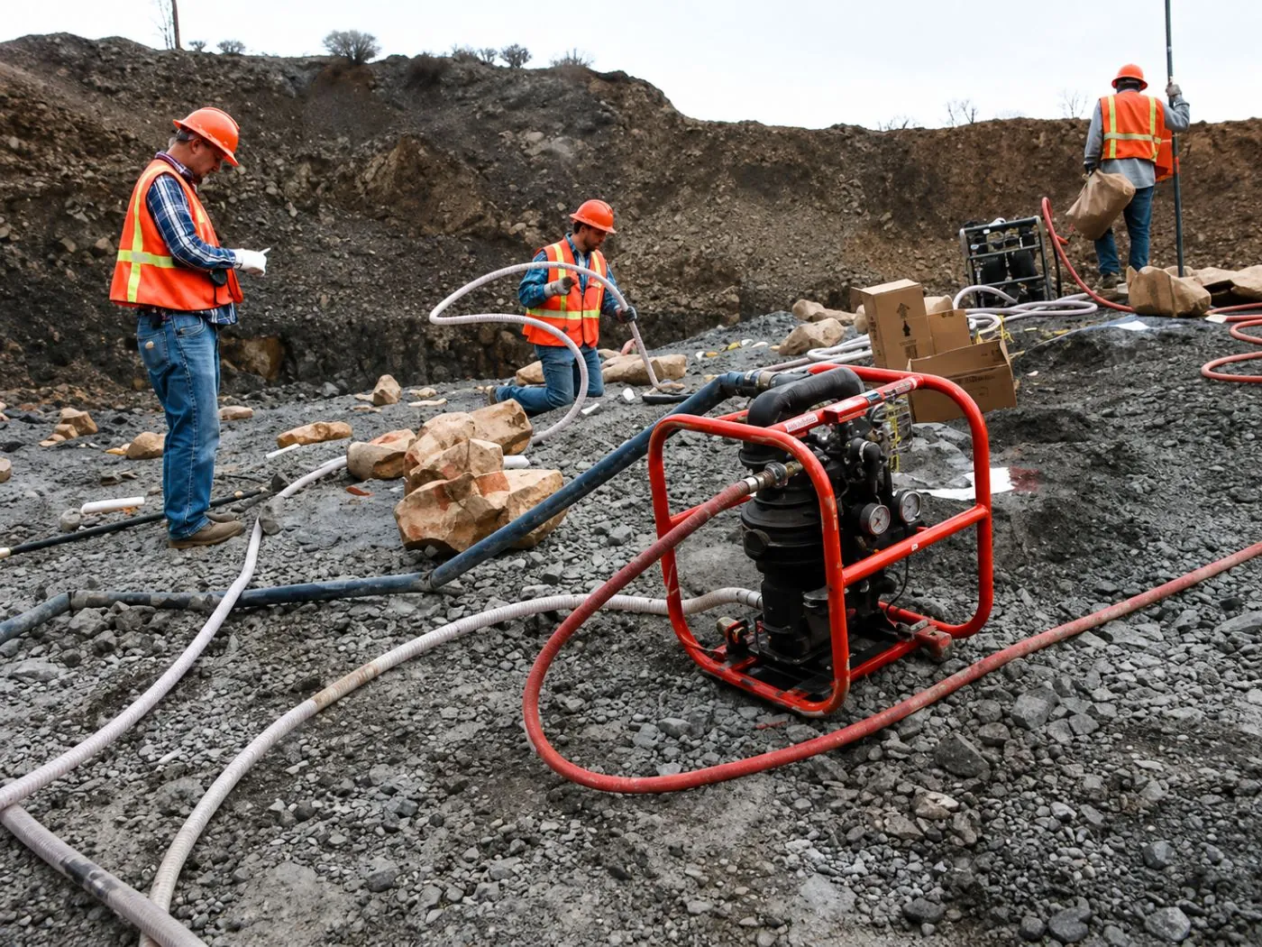 Crew loading a blast pattern with the Dryrite pump dewatering nearby